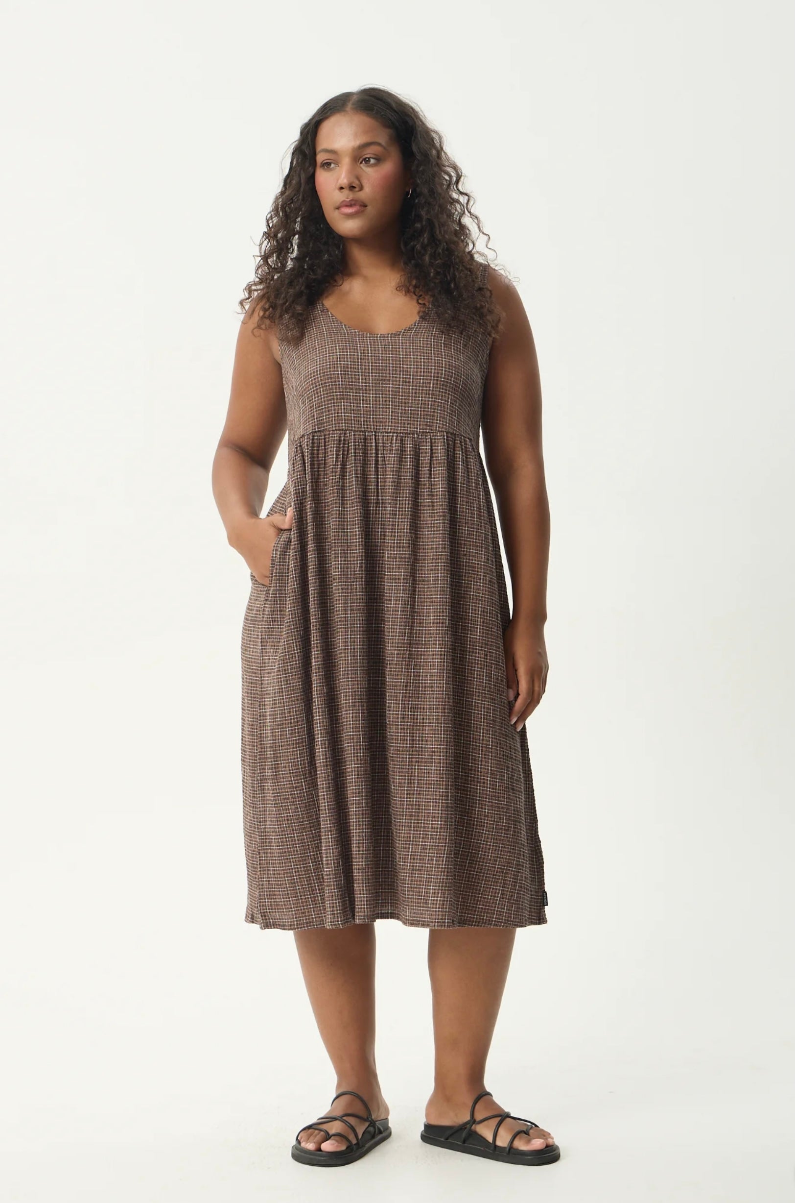 Afends Hometown Leo Seersucker Midi Dress - Coffee | Native Threads