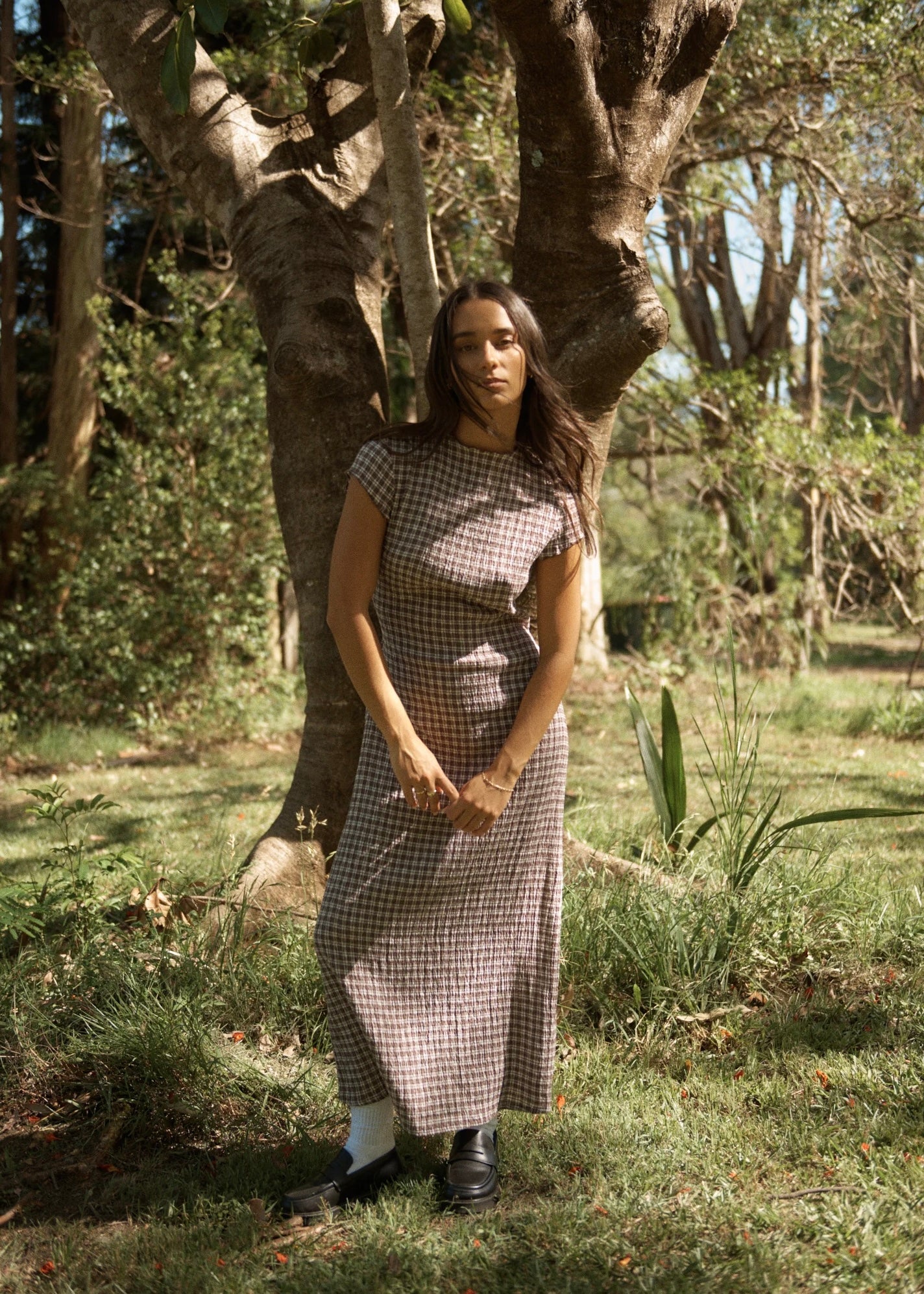 afends seersucker midi dress AFENDS Womens Elodie - Seersucker Midi Dress